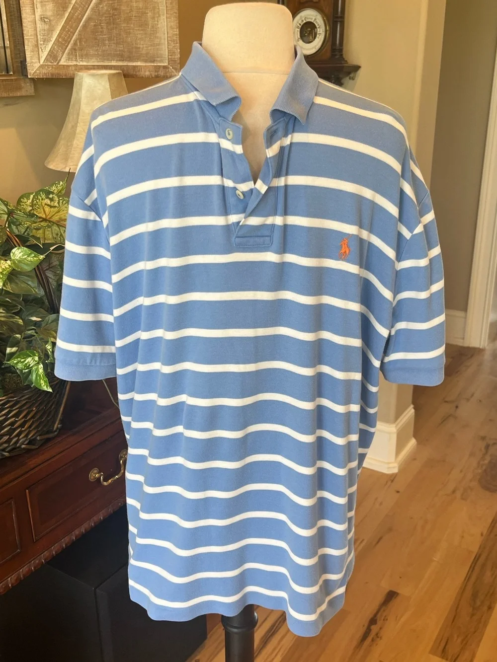 Polo Ralph Lauren Soft Cotton Knit Blue and White Striped Polo Shirt